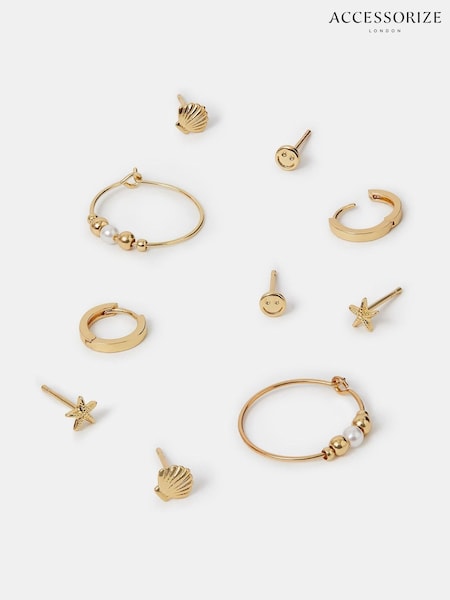Accessorize Gold 14ct Plated Mix Stud and Hoops Earrings 5 Pack (W34833) | €28