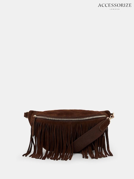 Accessorize Brown Suede Fringe Cross-Body Sling Bag (W34861) | kr571