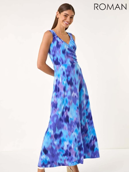 Roman Purple Abstract Print Gathered V-Neck Maxi Dress (W35110) | €79