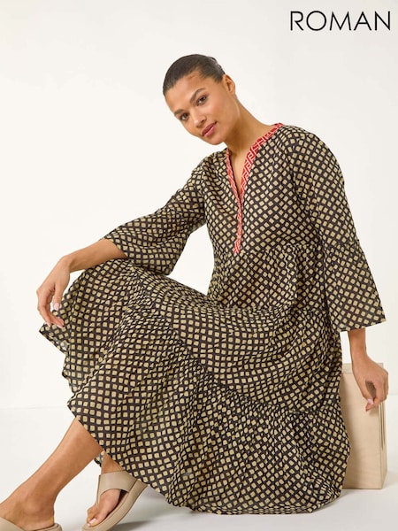 Roman Black Geometric Tiered 100% Cotton Midi Dress (W35117) | €68