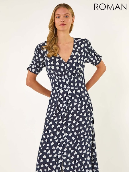 Roman Blue Heart Print Ruched Midi Dress (W35119) | €69