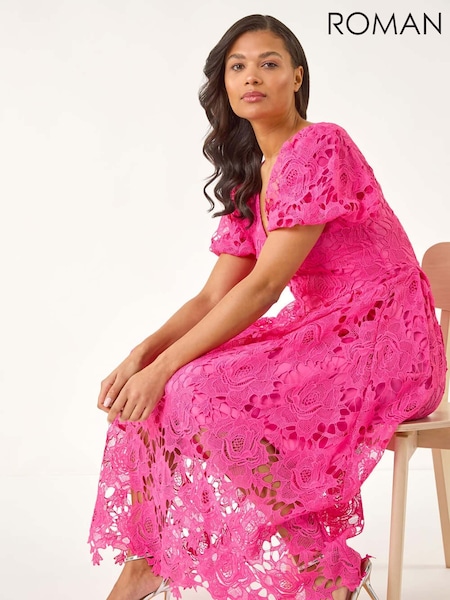Roman Pink Crochet Lace V-Neck Midi Dress (W35120) | AED582