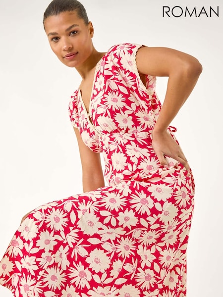 Roman Red Daisy Print Lace Trim Midi Dress (W35123) | €60