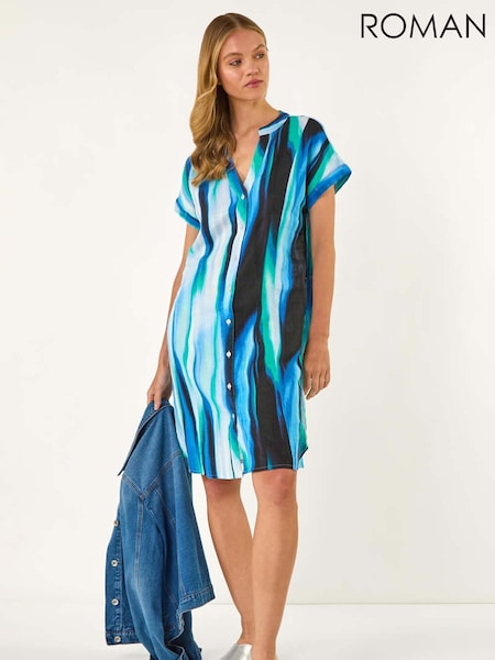 Roman Blue Abstract Printed 100% Linen Shift Dress (W35125) | €66