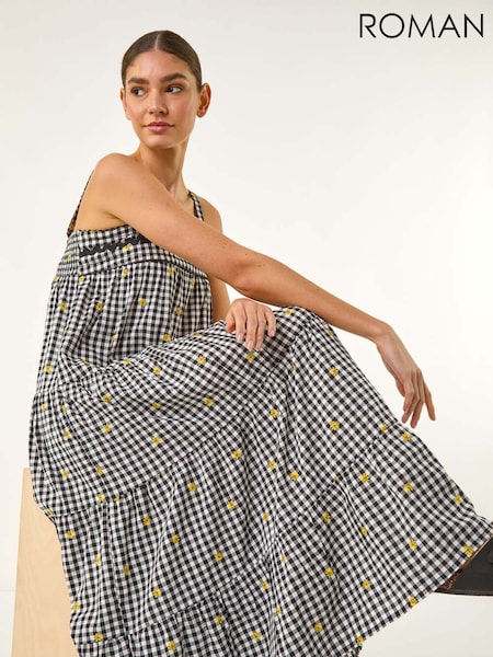 Roman Black Gingham Embroidered Midi Dress (W35128) | 2,884 UAH