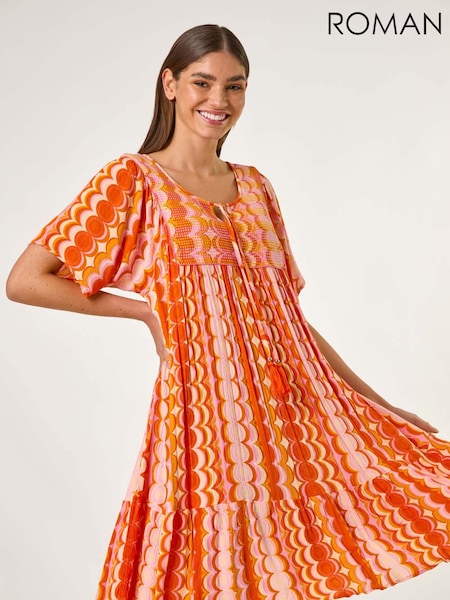Roman Orange Abstract Smocked Dress (W35133) | €60