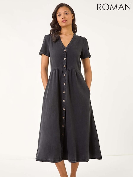 Roman Black Denim Button Through Midi 100% Cottton Dress (W35135) | €69