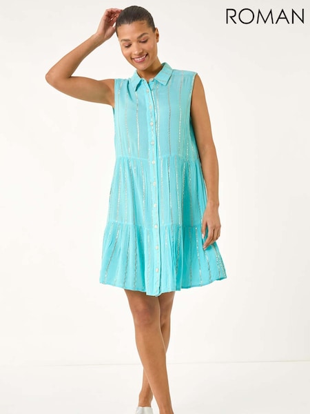 Roman Blue Shimmer Buttoned Shirt Dress (W35136) | kr643