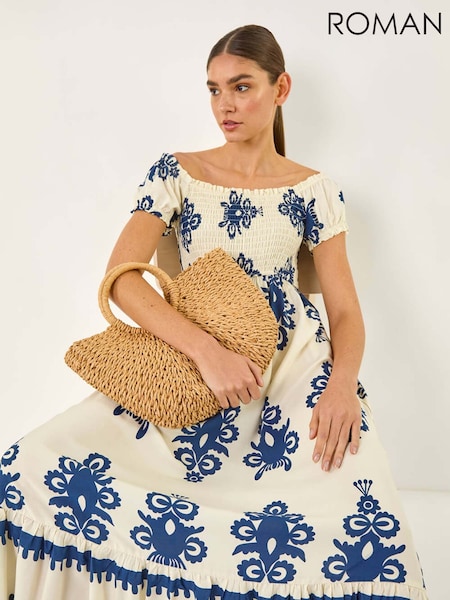 Roman Blue Bardot Shirred Maxi Dress (W35138) | €64