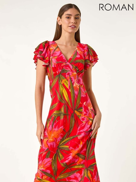 Roman Leaf Print Frill Midi Dress (W35141) | 71 €