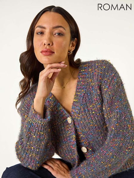 כחול  - Roman Speckled V-Neck Knit Cardigan (W35142) | ‏264‏₪