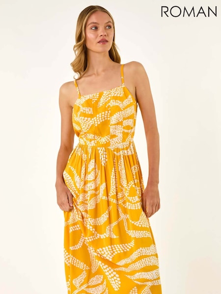 Roman Yellow Leaf Print Strap Midi Dress (W35144) | ₪283