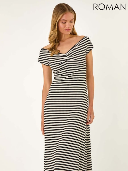 Roman Black Stripe Bardot Knit Midi Stretch Dress (W35145) | €53