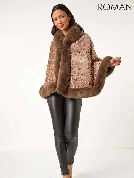 Roman Embellished Faux Fur Trim Cardigan Cape (W35151) | € 76