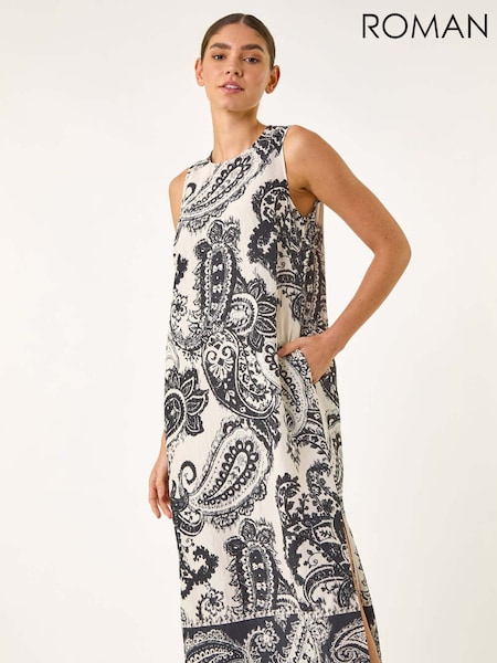 Roman Black Paisley Print Midi Dress (W35157) | R$ 605