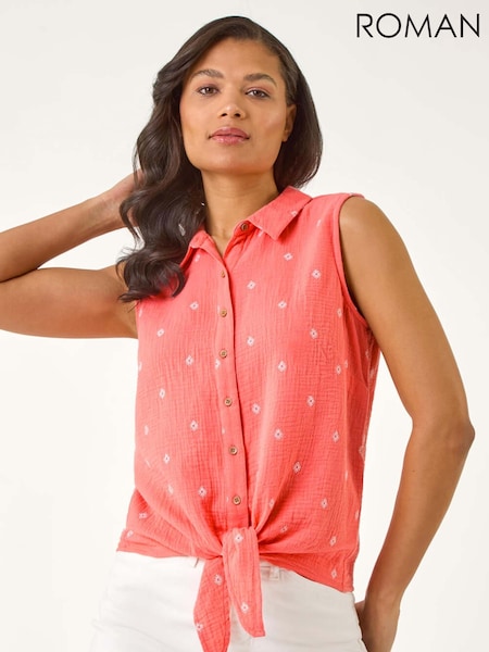 Roman Pink Embroidered Tie Front 100% Cotton Blouse (W35160) | AED233