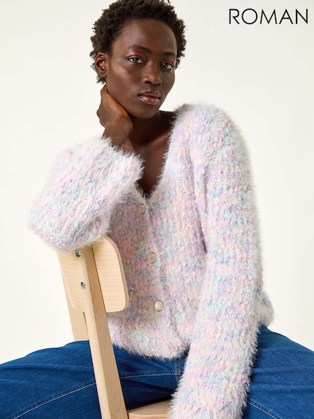 ורוד - Roman Contrast Knit Cardigan (W35162) | ‏264‏₪