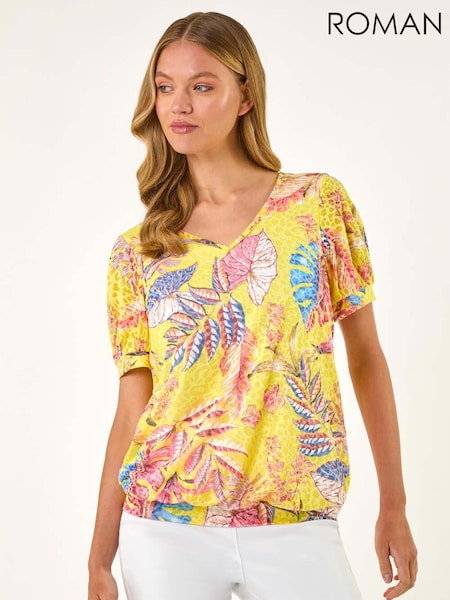 Roman Yellow Animal Print Burnout Blouson Top (W35177) | ₪251