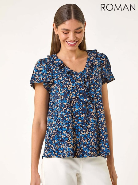 Roman Blue Printed Ruffle V-Neck Top (W35185) | €46