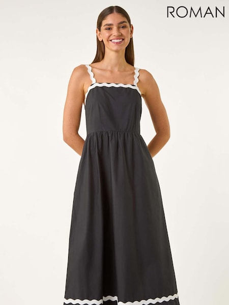 Roman Black Contrast Ric Rac 100% Cotton Midi Dress (W35192) | €63