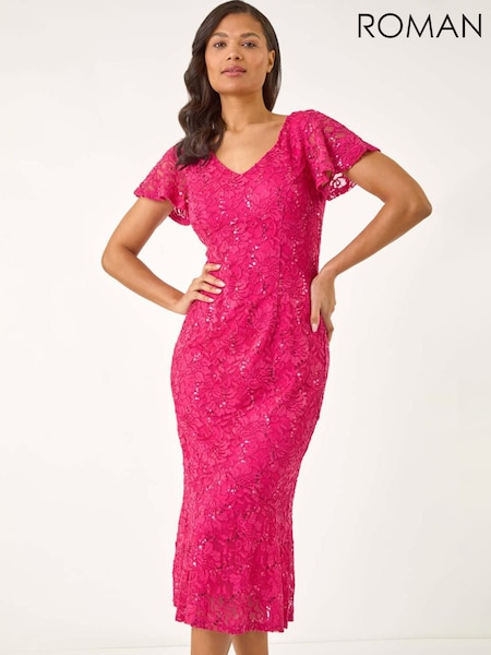 Roman Pink Sequin Lace Ruffle Stretch Midi Dress (W35193) | R$ 845