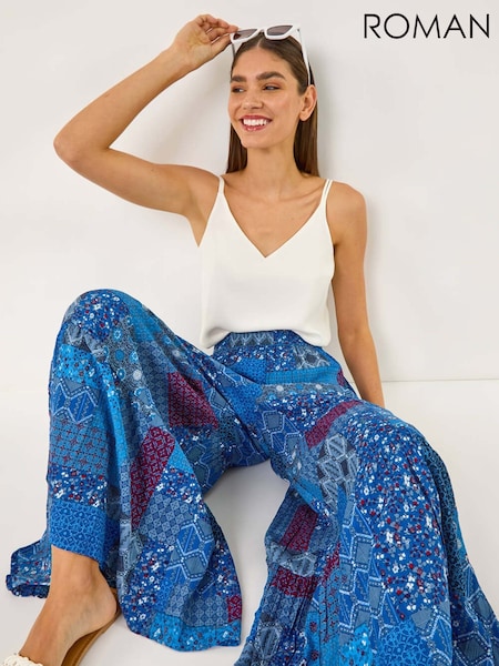Roman Blue Tile Tiered Palazzo Trousers (W35198) | ₪264