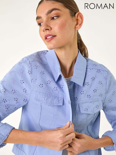 Sininen - Roman Cotton Blend Broderie anglaise Sleeve Takki (W35202) | €91