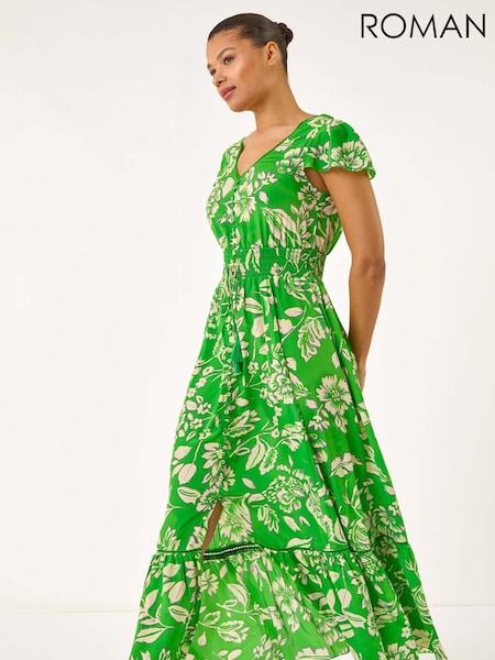Roman Green Floral Frill Maxi Dress (W35206) | R$ 665