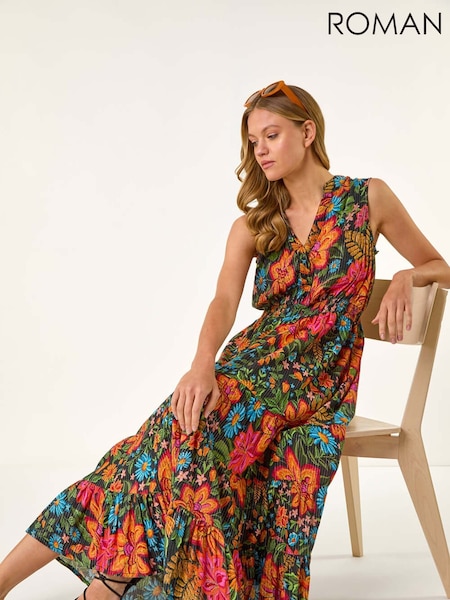 Roman Red Floral Shirred Maxi Dress (W35207) | €74