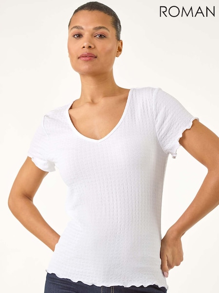 Roman White V-Neck Textured Lettuce Edge Top (W35217) | €40