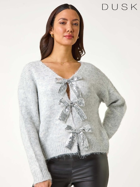 Dusk Grey Sequin Bow Cardigan (W35235) | €82