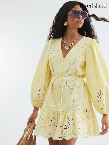 River Island Yellow 100% Cotton Poplin Shirt Dress (W35420) | ₪312