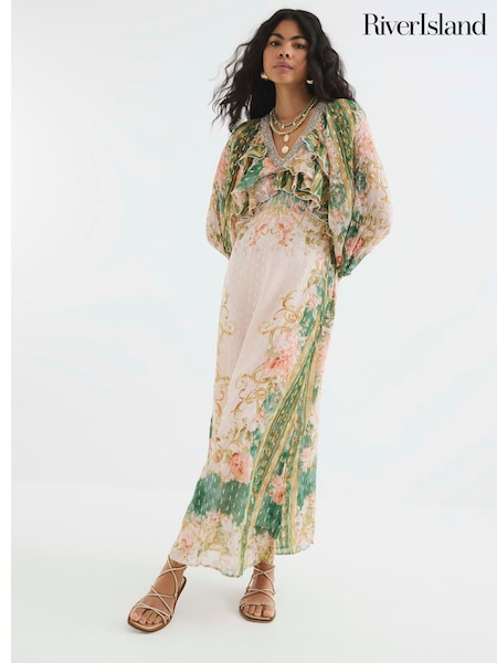 River Island Pink V-Neck Ruffle Maxi Dress (W35430) | 411 QAR