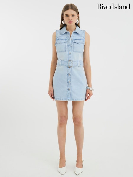 River Island Blue 100% Cotton Denim Belted Mini Dress (W35431) | €69