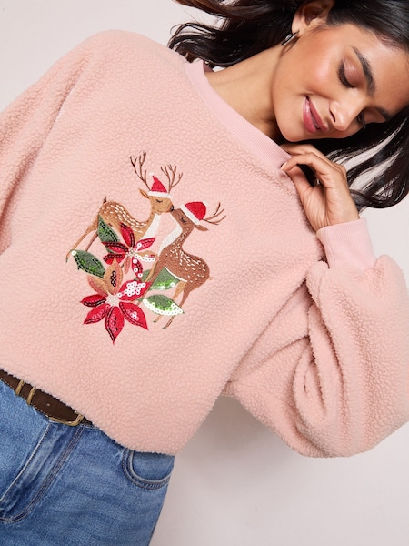 Friends Like These Pink Reindeer Embroidered Borg Sweatshirt (W35474) | €37