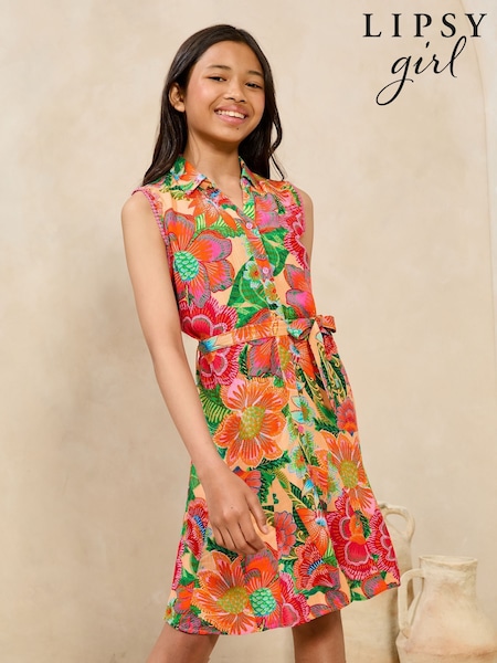 Lipsy Pink Multi Floral Crinkle Sleeveless Holiday Shop Shirt Dress (5-16yrs) (W35549) | €35 - €44