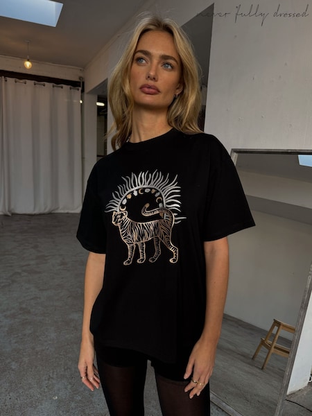 Never Fully Dressed Black Tiger Print Sun T-Shirt (W35621) | 243 QAR