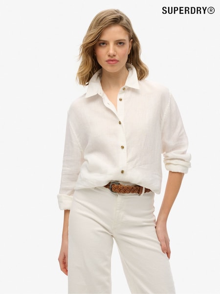 Alb - Superdry Boyfriend Casual Lenjerie de pat Cămăși (W35672) | 410 LEI