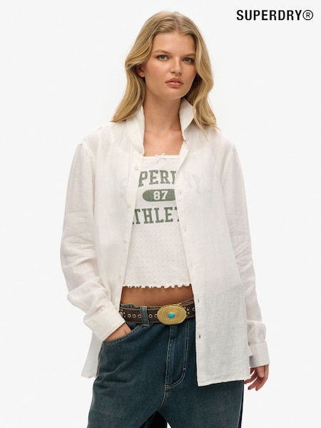 Superdry White Oversized Embroidered Vacation 100% Linen Shirt (W35676) | €84