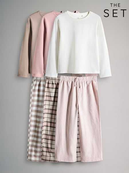 The Set Pink/Cream/Brown 3 Pack Long Sleeve Cotton Jersey T-Shirt and Woven Bottom Pyjamas Set (W35739) | €40 - €49