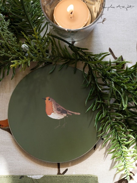 Sophie Allport Set of 4 Forest Green Robin Circular Coasters (W35763) | €28