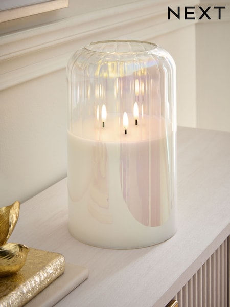 Iridescent Glass Ribbed LED 3 Wick Unscented Pillar Candle (W35807) | €36