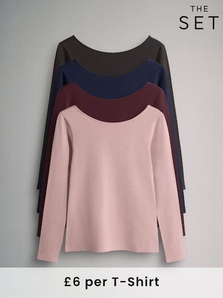 Navy Blue/Chocolate Brown/Dark Red/Mid Pink - The Set 4 Pack Scoop Back Long Sleeved T-Shirts (W35811) | R$ 235