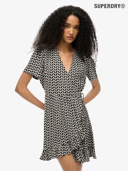 Superdry Black Short Sleeve Printed Mini Wrap Dress (W35906) | R$ 445
