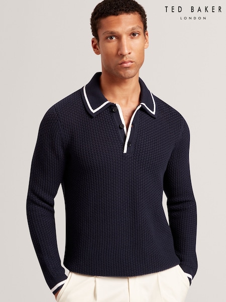 Ted Baker Blue Brucei Waffle Stitch Knit Polo Shirt (W35951) | R$ 1.175