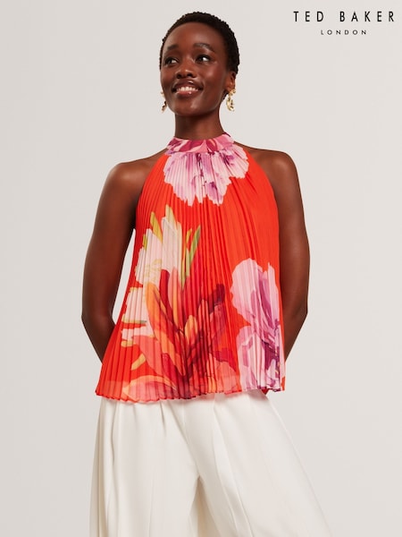 Ted Baker Orange Clovina Printed Halter Neck Sleeveless Pleated Top (W35953) | €164