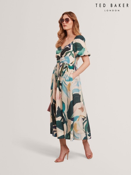 Ted Baker Pink Moyla Printed Puff Sleeve Ruched Detail Midi Dress (W35960) | €330