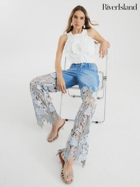 River Island Blue Straight Fit Denim Relaxed Lace 100% Cotton Jeans (W35990) | € 108