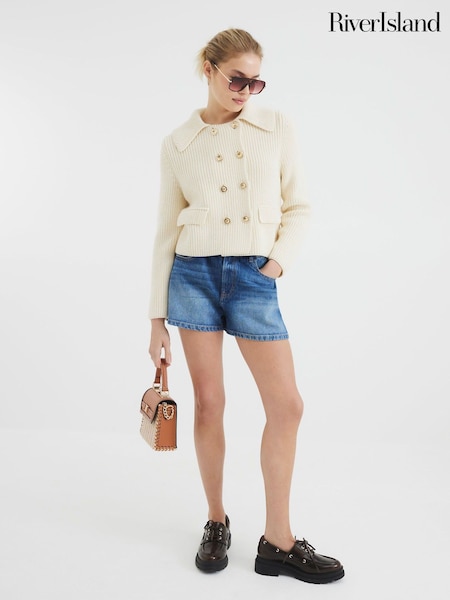 River Island Blue Denim Elasticated A Line 100% Cotton Shorts (W35991) | $45