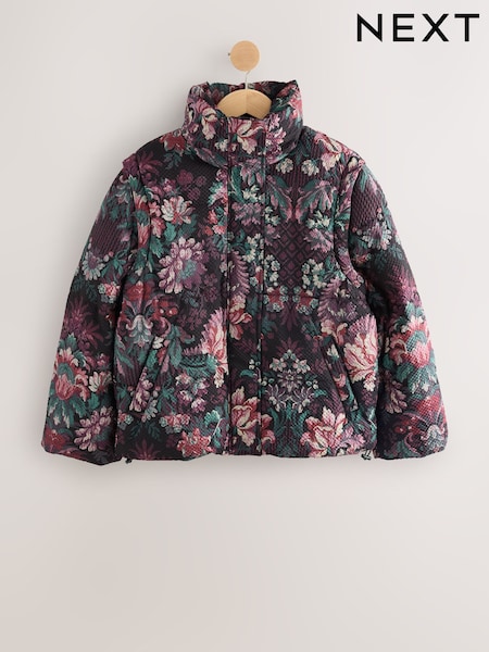 Burgundy Red Tapestry Print Short Padded Coat with Detachable Sleeves (W36040) | €77